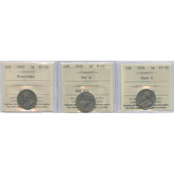 1925 & 1926 Five Cents - ICCS Graded Lot of 3