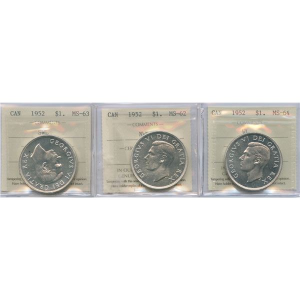 1952 Silver Dollars - ICCS Graded Lot of 3