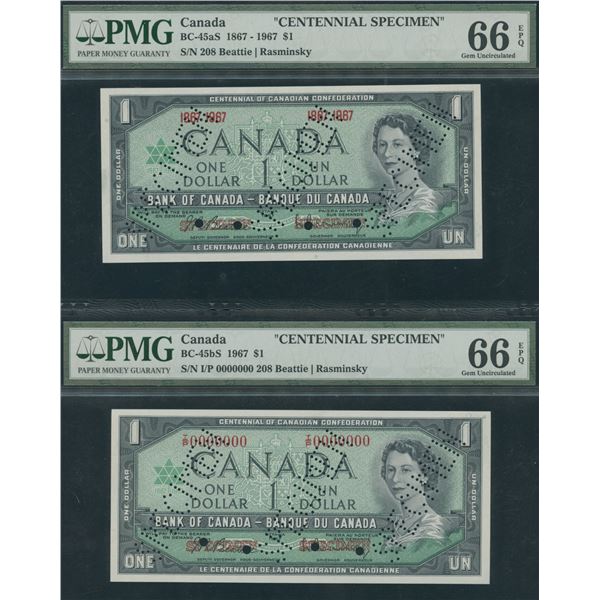 Bank of Canada $1, 1967 - Specimen Pair