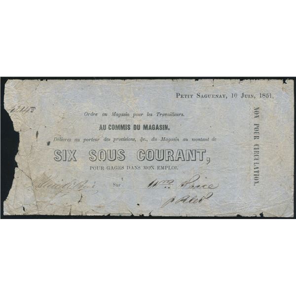 Wm Price, Petit Saguenay, Six Sous, 1851