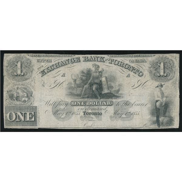 Exchange Bank of Toronto $1, 1855 - Remainder