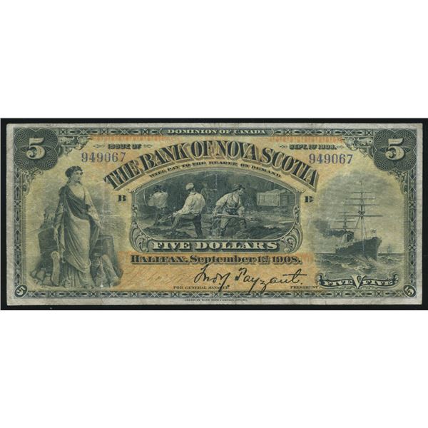 Bank of Nova Scotia $5, 1908 - No Vs