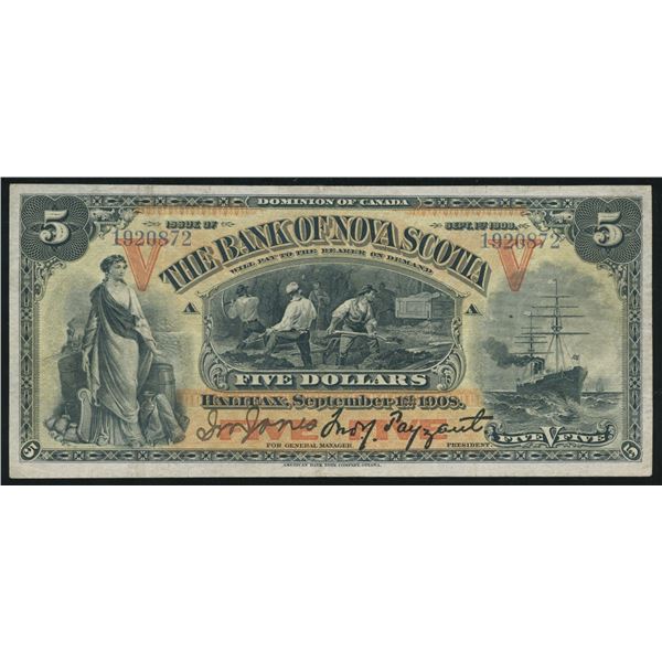 Bank of Nova Scotia $5, 1908 - Orange Vs