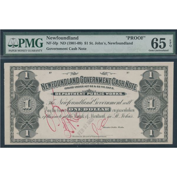 Newfoundland Government Cash Note $1, (1901-1909) Front Proof