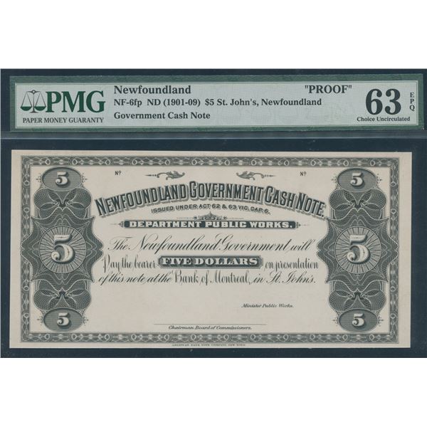 Newfoundland Government Cash Note $5, (1901-1909) Front Proof