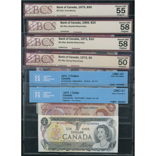 Bank of Canada $1-$50 - Lot of 6 Graded Multi-Coloured Notes
