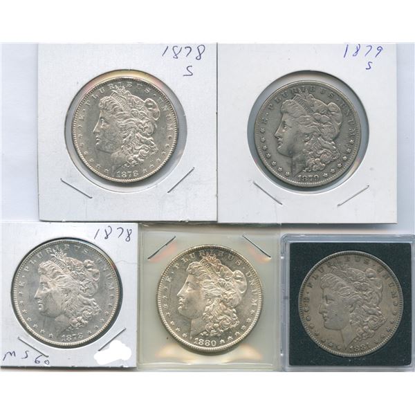 1878 - 1881 United States of America Silver Dollars - Lot of 5