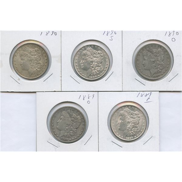 1889 - 1890 United States of America Silver Dollars - Lot of 5