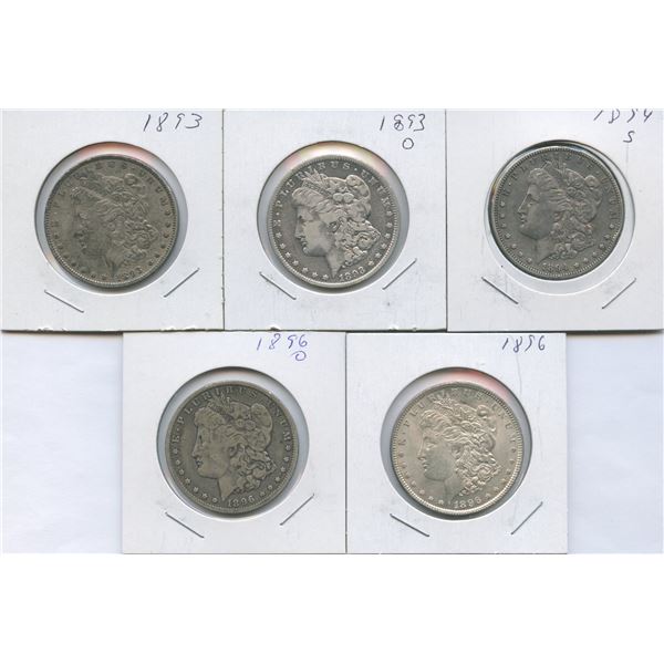 1893 - 1896 United States of America Silver Dollars - Lot of 5