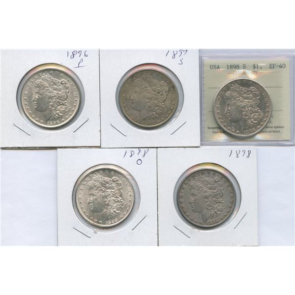 1896 - 1898 United States of America Silver Dollars - Lot of 5