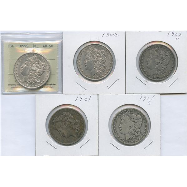 1899 - 1901 United States of America Silver Dollars - Lot of 5