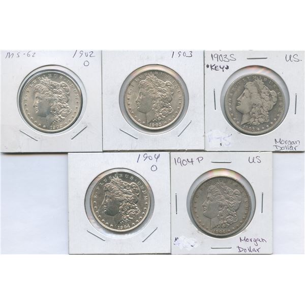 1902 - 1904 United States of America Silver Dollars - Lot of 5