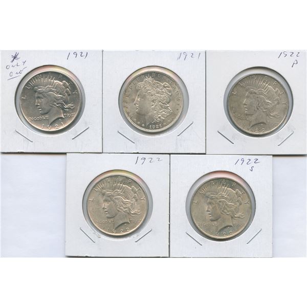 1921 - 1922 United States of America Silver Dollars - Lot of 5