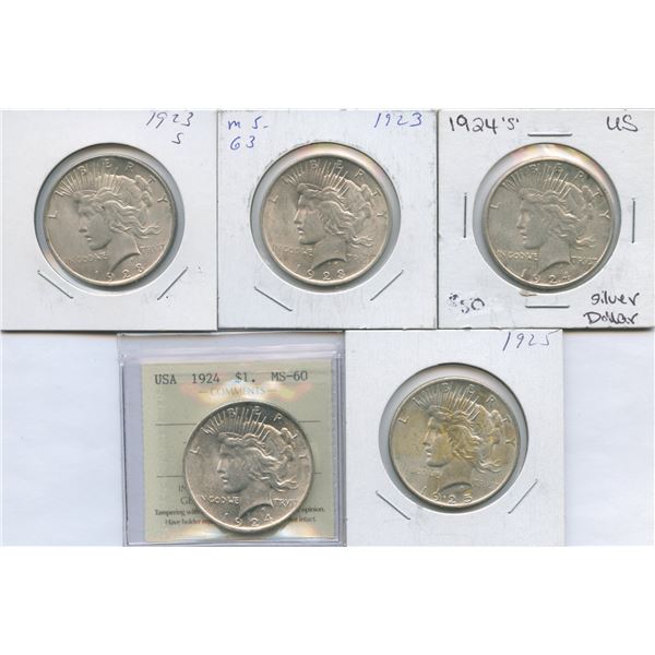 1923 - 1925 United States of America Peace Silver Dollars - Lot of 5
