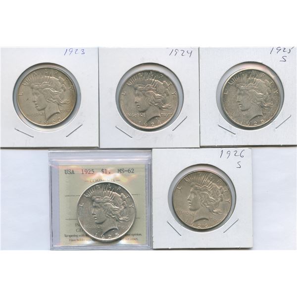1923 - 1926 United Sates of America Peace Silver Dollars - Lot of 5
