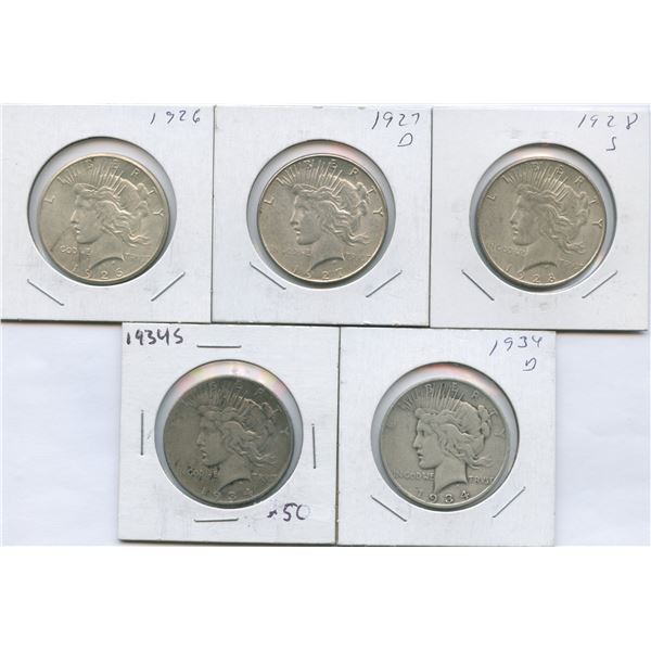 1926 - 1934 United States of America Peace Silver Dollars - Lot of 5