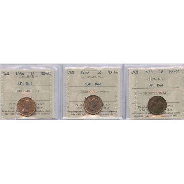 1953 & 1954 One Cents - ICCS Graded Lot of 3