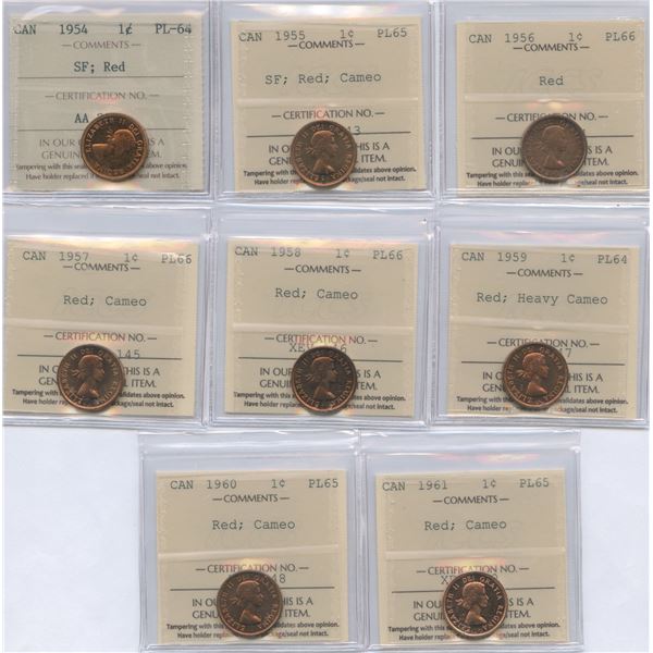 1954 - 1961 One Cents - ICCS Graded Lot of 8 Proof Like's