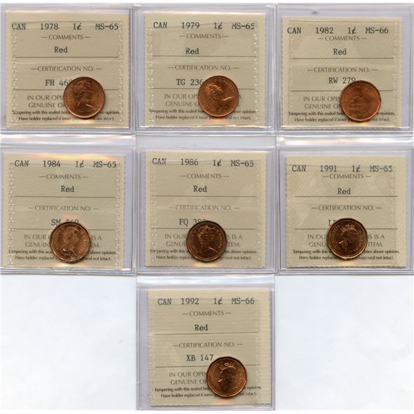 1978 - 1992 One Cents - ICCS Graded Lot of 7