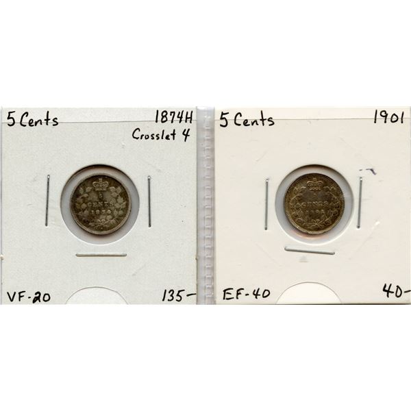1874H & 1901 Silver Five Cents Group - Lot of 2