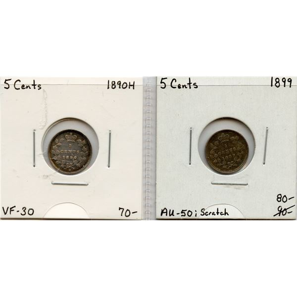1890H & 1899 Silver Five Cents Group - Lot of 2