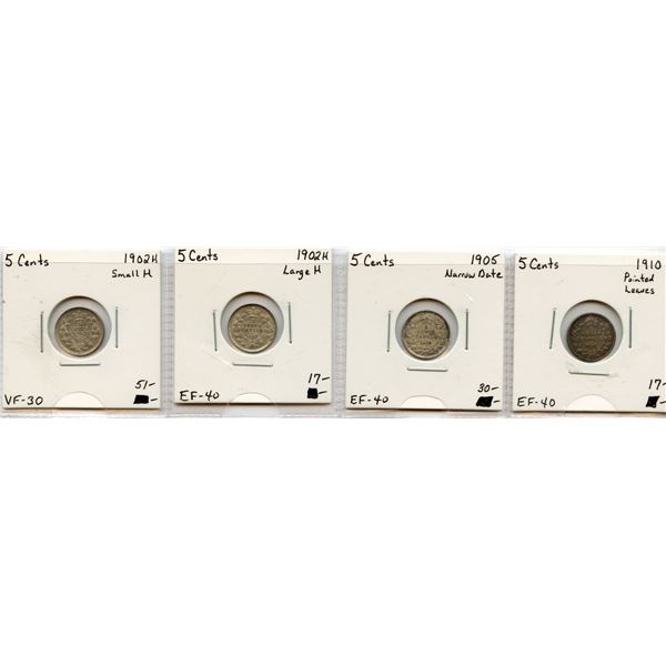 1902H - 1910 Silver Five Cents Group - Lot of 4