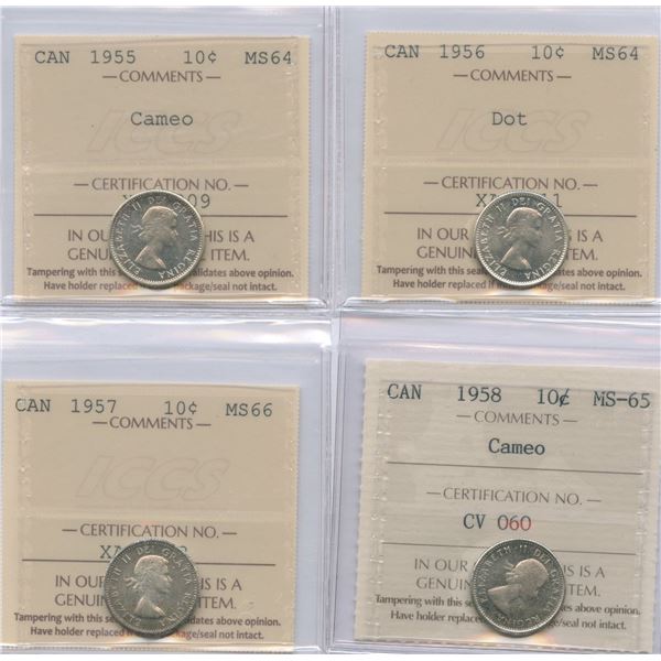 1955 - 1958 Ten Cents - ICCS Graded Lot of 4