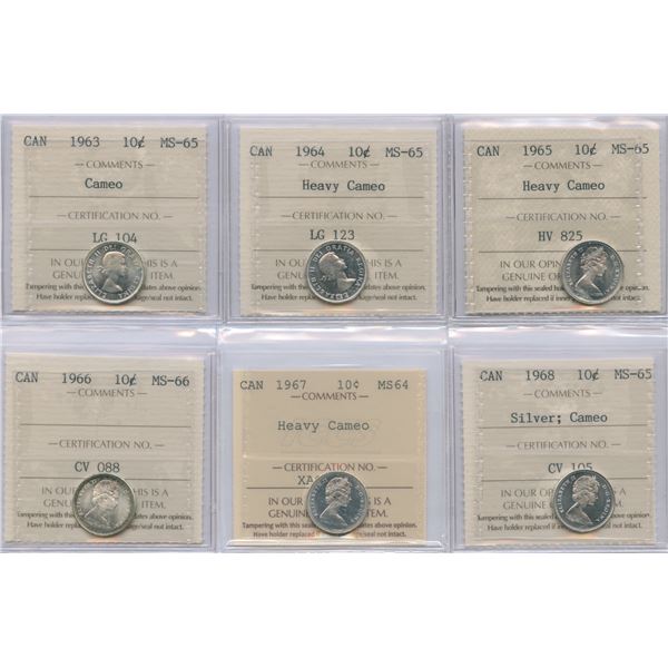 1963 - 1968 Ten Cents - ICCS Graded Lot of 6