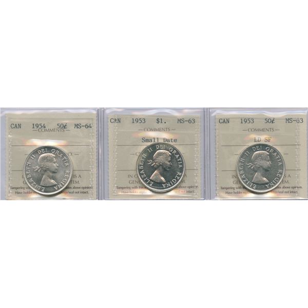 1953, 1954 Fifty Cents - ICCS Graded Lot of 3