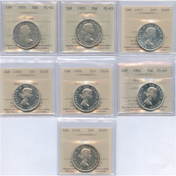 1954 - 1962 Proof Like Fifty Cents - Lot of 7 ICCS Graded Coins
