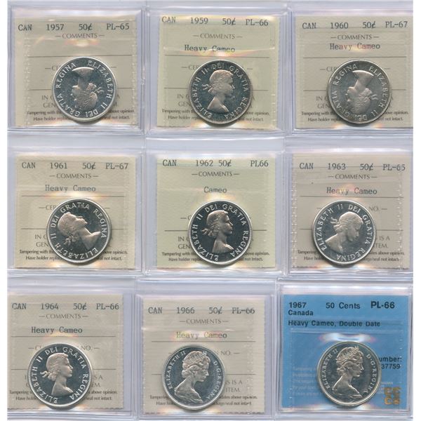 1957 - 1967 Proof Like Fifty Cents - Lot of 9 Graded Coins