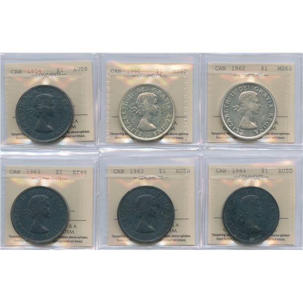 1954 to 1964 Silver Dollars - ICCS Graded Lot of 6
