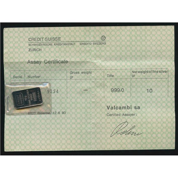 Vintage Credit Suisse 10g .999 Silver Bar