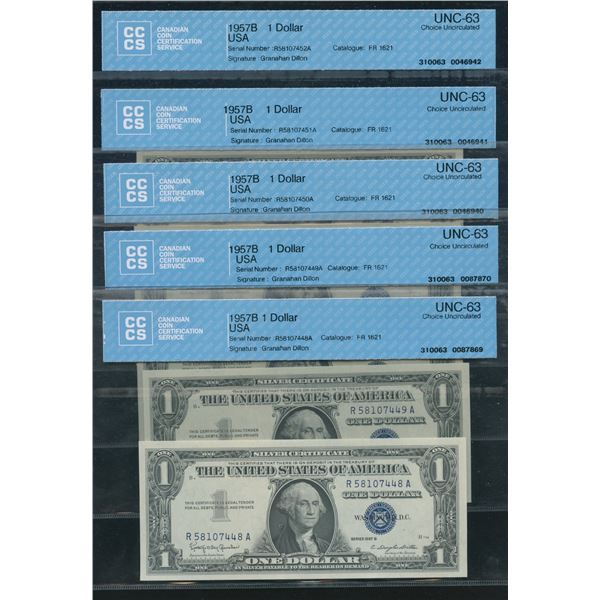 1957B USA $1 Silver Certificates - Lot of 5 Consecutives