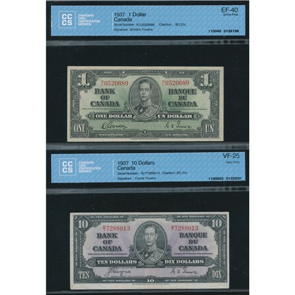 Bank of Canada $1 & $10, 1937 - Lot of 2 Graded Notes