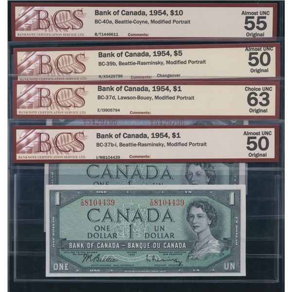 Bank of Canada $1 - $10, 1954 - Lot of 4 BCS Graded Notes