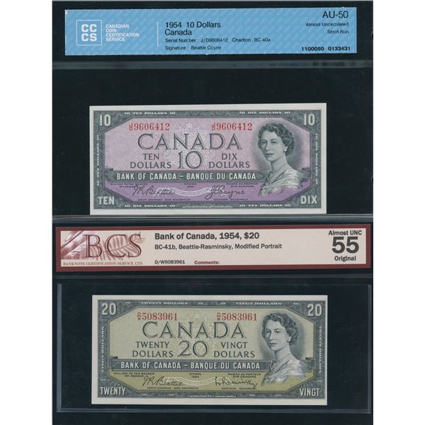 Bank of Canada $10 & $20, 1954 - Lot of 2 Graded Notes