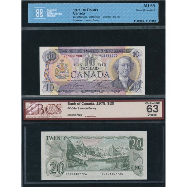 Bank of Canada Multi-Coloured $10 & $20 - Lot of 2 Graded Notes