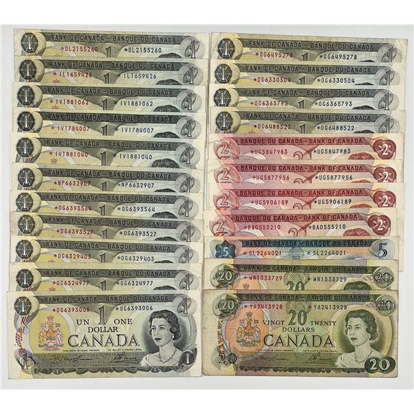 Bank of Canada Multi-Coloured Lot of 22 Banknotes Replacements