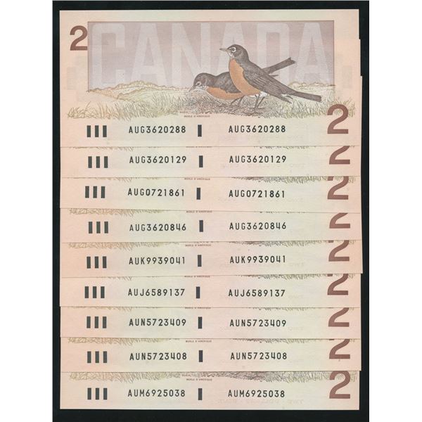 Bank of Canada $2, 1986 - Lot of 9 Changeovers