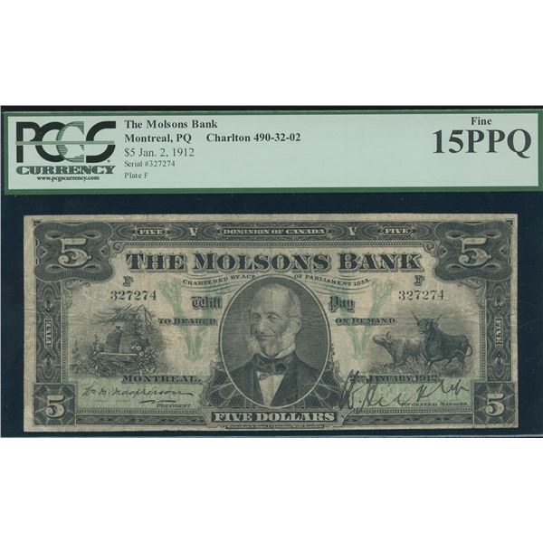 Molson's Bank of Canada $5, 1912