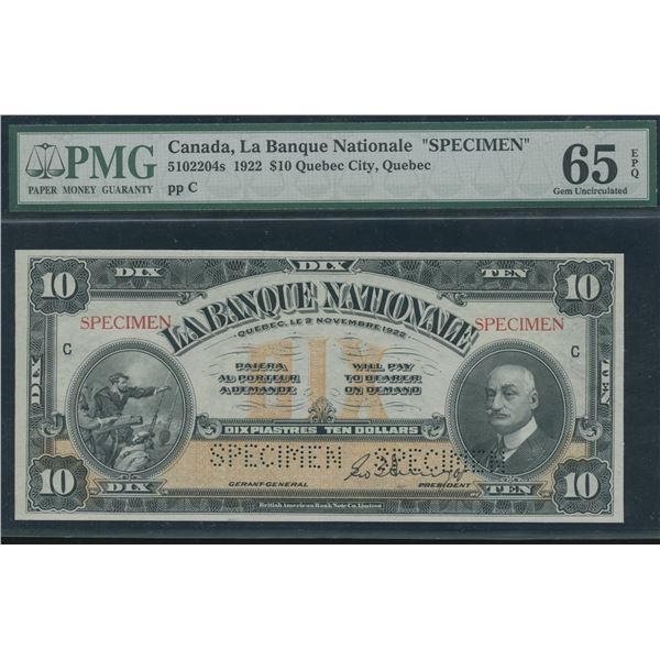 Banque Nationale $10, 1922 - Specimen
