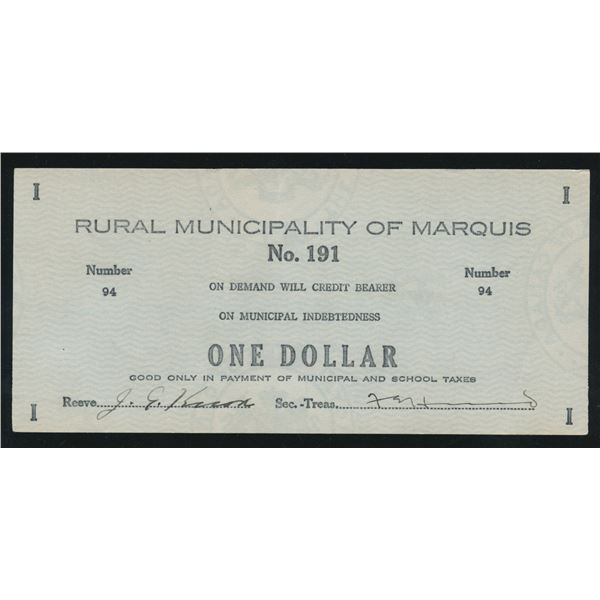 Rural Municipality of Marquis Saskatchewan $1, 1932