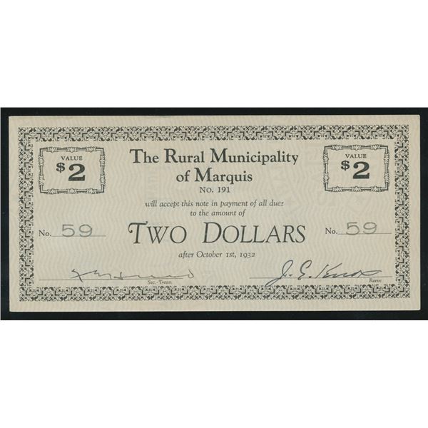 Rural Municipality of Marquis Saskatchewan $2, 1932
