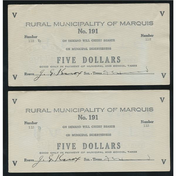 Rural Municipality of Marquis $5, Saskatchewan #191 Municipal Indebtedness Depression Scrip
