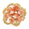 Image 1 : Vintage 14K Gold Carved Coral Rose Flower Bouquet Textured Leaf Round Pin Brooch
