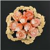 Image 2 : Vintage 14K Gold Carved Coral Rose Flower Bouquet Textured Leaf Round Pin Brooch