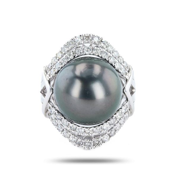 14mm South Sea Cultured Pearl and 1.09 ctw Diamond Platinum Ring