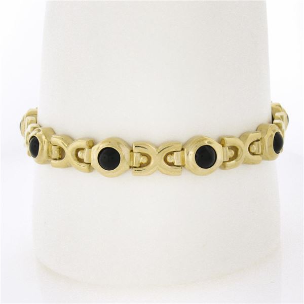 Vintage Solid 14k Yellow Gold Round Bezel Set Black Onyx Geometric Link Bracelet
