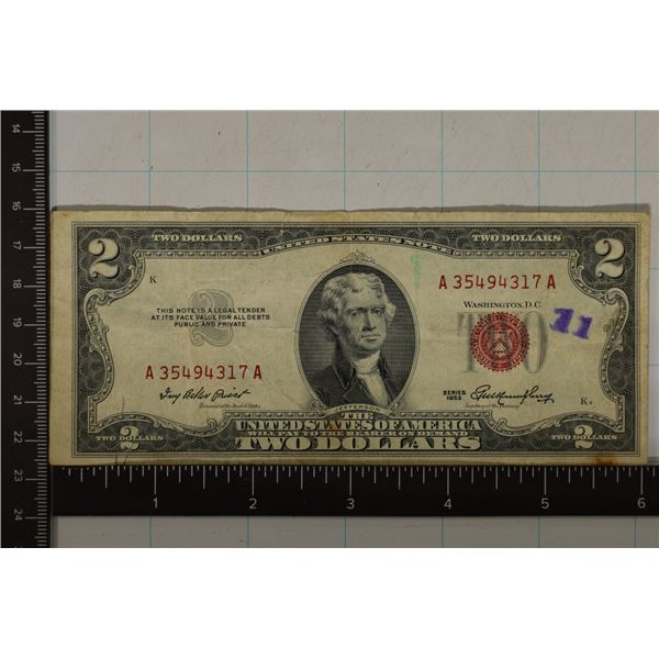 1953 US $2 RED SEAL NOTE.  INK ON RIGHT OF OBVERSE